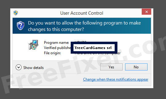 Screenshot where TreeCardGames srl appears as the verified publisher in the UAC dialog